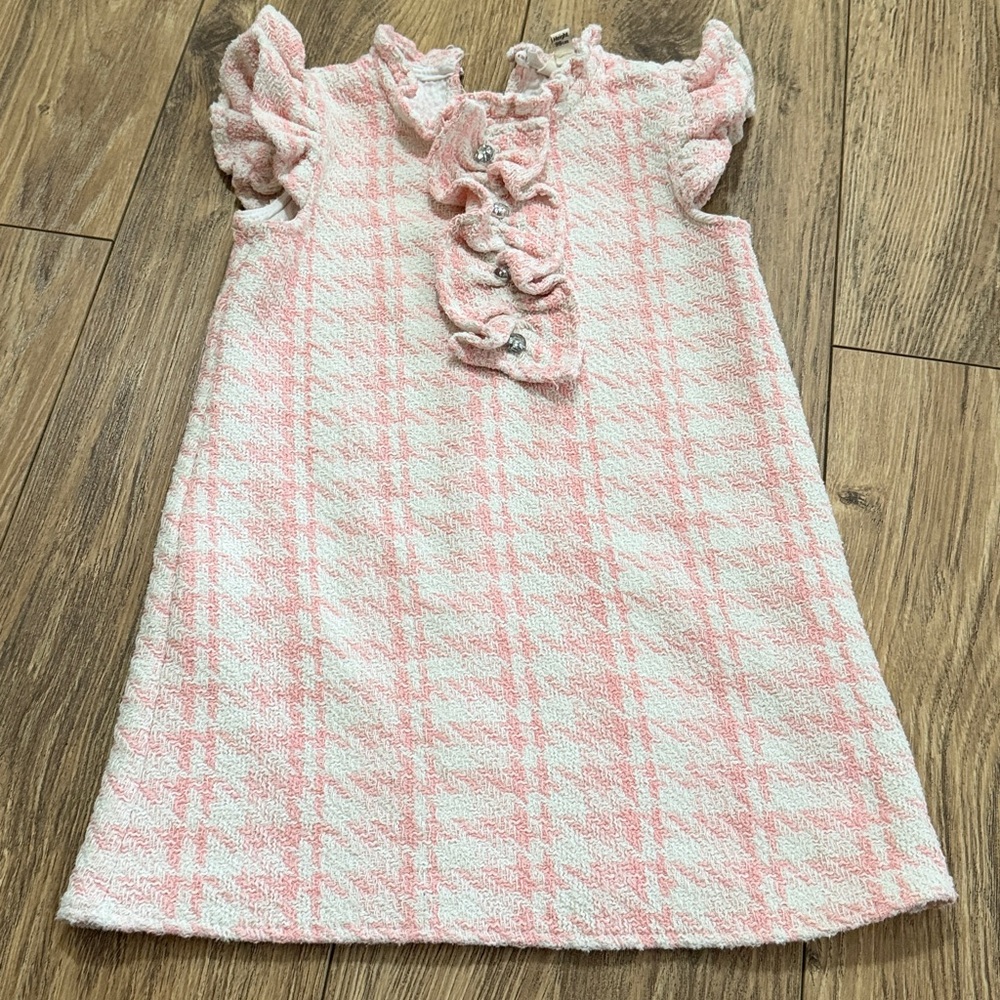 River island pink and White Plaid Dress with Ruffle Detail size 2-3